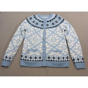 National Since 1952 Women Fair Isle Cardigan Sweater Blue White Knit Small 22525